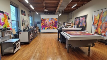 Poster - Large format inkjet printer in a well-lit printshop with wood floors, mid-print of a colorful and detailed artwork.