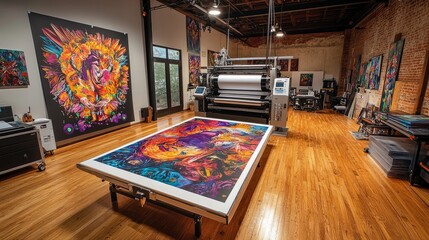 Poster - Large format inkjet printer in a well-lit printshop with wood floors, mid-print of a colorful and detailed artwork.