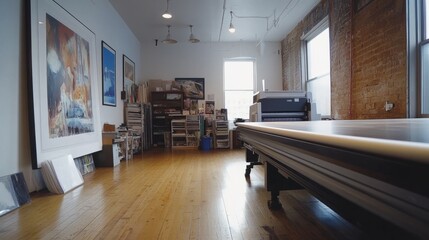 Poster - Large format inkjet printer in action, located in a printshop with wooden floors, printing a detailed artwork.