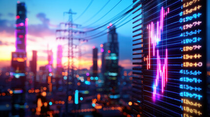 Aufkleber - futuristic cityscape showcasing digital energy and vibrant data visualizations, with towering skyscrapers and power lines against colorful sunset