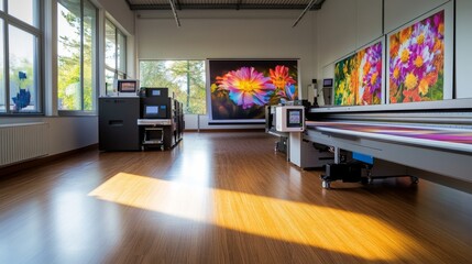 Poster - Modern printshop interior featuring a large format inkjet printer on a wood floor, producing vibrant artwork.