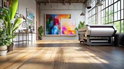 Poster - Modern printshop interior featuring a large format inkjet printer on a wood floor, producing vibrant artwork.