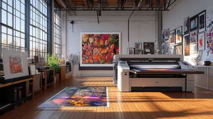 Poster - Printshop interior featuring a large format inkjet printer on wood flooring, printing a vibrant and intricate artwork