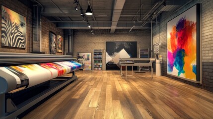 Poster - Printshop interior with a large format inkjet printer on a wooden floor, printing a vivid, colorful art piece.