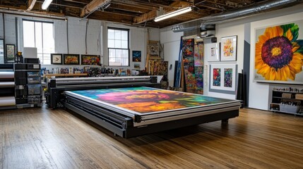 Poster - Printshop interior with a large format inkjet printer on a wood floor, producing a colorful piece of artwork.