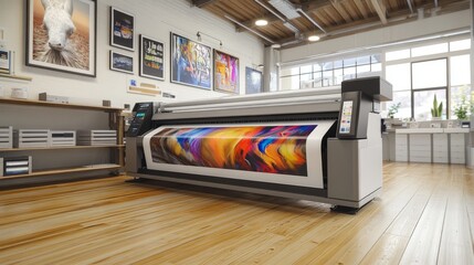 Poster - Printshop scene showing a large format inkjet printer on a wooden floor, printing a stunning and detailed artwork