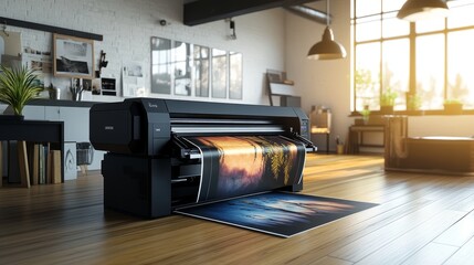 Poster - Printshop scene showing a large format inkjet printer on a wooden floor, printing a stunning and detailed artwork