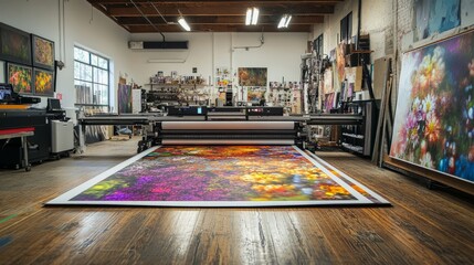 Poster - Printshop with a large format inkjet printer set on wood flooring, printing a detailed and colorful artwork.