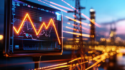 Fototapete - futuristic digital display shows live energy stock trends with vibrant orange lines against blurred cityscape background, conveying sense of innovation and progress
