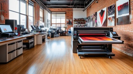 Poster - Spacious printshop with a large format inkjet printer on wood flooring, producing a high-resolution artwork.
