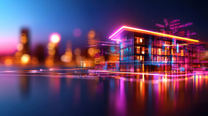 Fototapete - futuristic engineering building design with vibrant neon lights and digital elements, showcasing modern architecture against city skyline