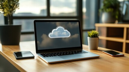 Poster - Cloud Computing on Laptop Displayed on Wooden Desk