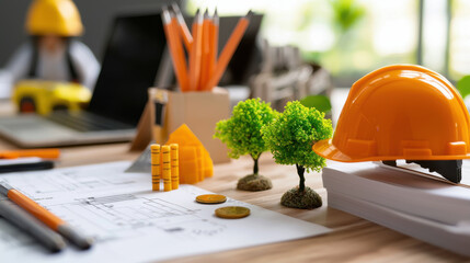 Aufkleber - workspace featuring hard hat, architectural plans, and miniature trees, symbolizing innovation in construction and design. scene conveys sense of creativity and professionalism
