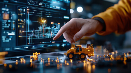 Fototapete - futuristic engineering software interface displays real time data while hand interacts with miniature construction vehicle. scene highlights advanced technology in engineering