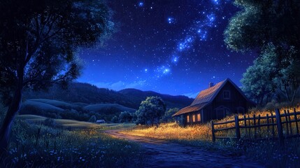 Wall Mural - beautiful starry sky above a quiet countryside, where