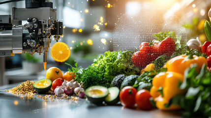 Aufkleber - Futuristic food factory with machines processing fresh vegetables and fruits, showcasing automation in food production. Bright colors and technology blend harmoniously