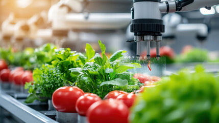 Poster - Futuristic food factory with robotic arms harvesting fresh vegetables and tomatoes. Advanced technology enhances agricultural efficiency and sustainability