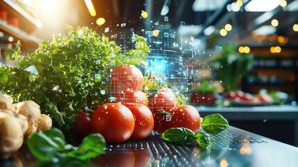 Aufkleber - Fresh tomatoes and herbs in futuristic food lab with digital technology. vibrant colors and innovative atmosphere highlight intersection of nature and technology