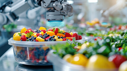 Aufkleber - Futuristic food packaging system with robotic arms assembling fresh fruit salads. vibrant colors of strawberries, blueberries, and mixed fruits create appealing visual