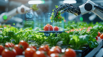 Leinwandbilder - robotic arm in futuristic food packaging system handles fresh vegetables, showcasing advanced technology in agriculture. scene highlights automation and efficiency in food processing
