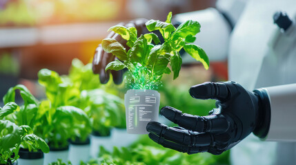 Aufkleber - robotic hand holding plant in futuristic setting, showcasing advanced technology in agriculture. scene highlights innovation and sustainability in food production