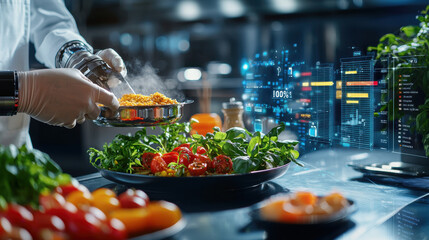 Aufkleber - chef prepares colorful dish using fresh vegetables and grains in modern kitchen, showcasing blend of culinary art and technology. atmosphere is vibrant and innovative