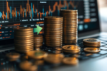Poster - Growing coins, laptop, finance chart, office