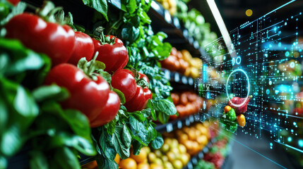 Poster - Futuristic grocery store with automated systems showcasing fresh produce, including vibrant tomatoes and oranges, blending technology with shopping experience