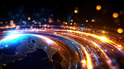 Leinwandbilder - futuristic illustration of glowing globe surrounded by vibrant light trails, symbolizing global connectivity and technology. image evokes sense of innovation and progress