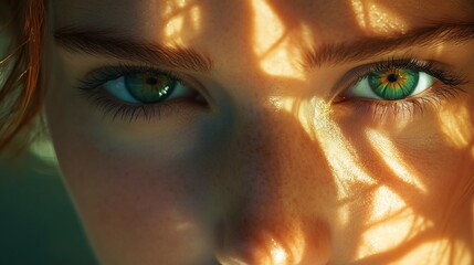 Wall Mural - Close-up of woman's eyes, sunlight, freckles, intense gaze, beauty portrait