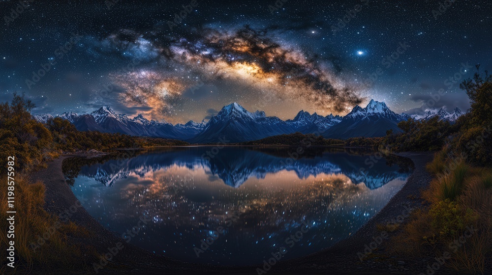 breathtaking view of the Milky Way galaxy above a quiet lake, where the ...