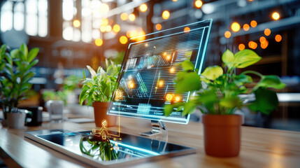 Aufkleber - futuristic high tech workspace featuring sleek monitor, vibrant plants, and modern design. atmosphere is bright and innovative, perfect for productivity and creativity