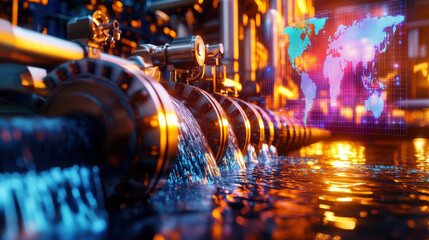 Poster - Futuristic hydroelectric dam with glowing water flow and digital world map, showcasing advanced technology and energy production at night