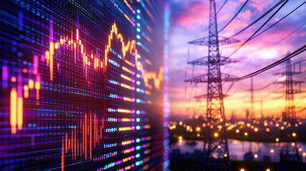 Fototapete - vibrant digital stock market display shows fluctuating graphs against sunset backdrop with power lines, symbolizing intersection of technology and finance