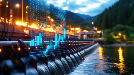 Aufkleber - Futuristic hydroelectric dam with digital data overlay, showcasing energy generation and technology integration in serene mountain landscape at dusk