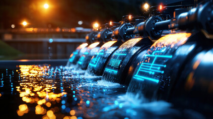 Aufkleber - Futuristic hydroelectric dam with illuminated water flow at night, showcasing advanced technology and serene ambiance. vibrant lights reflect beautifully on water surface
