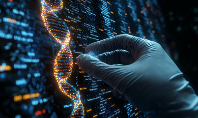 Poster - Gloved hand analyzing DNA code on screen