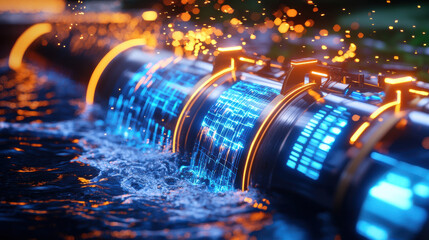 Poster - Futuristic hydroelectric dam with glowing pipes and flowing water, showcasing advanced technology and energy generation. captivating blend of nature and innovation