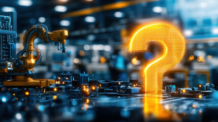 Poster - futuristic industrial scene featuring robotic arm and glowing question mark symbol, representing innovation and inquiry in technology