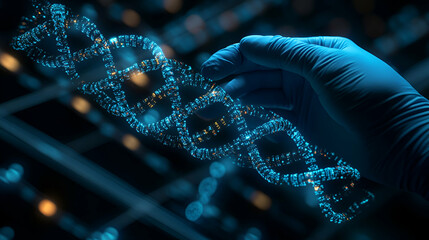Poster - Gloved hand manipulates DNA strand, lab setting