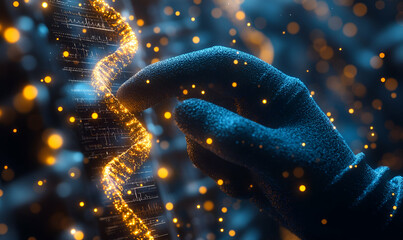 Poster - Gloved hand interacts with DNA, digital background
