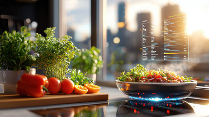 Poster - modern kitchen featuring holographic display with nutritional information, fresh vegetables, and steaming dish. vibrant colors and futuristic design create inviting atmosphere