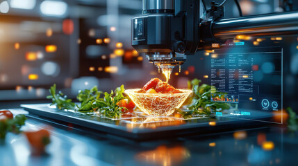 Aufkleber - futuristic kitchen features 3D food printer creating vibrant dish with fresh ingredients. advanced technology showcases innovation in culinary arts, blending creativity and precision
