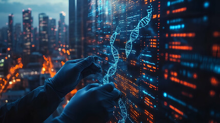 Poster - Scientist analyzing DNA data in city at night