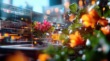 Aufkleber - vibrant futuristic laboratory scene featuring engineers working on advanced technology, surrounded by colorful flowers and greenery, creating harmonious blend of nature and innovation