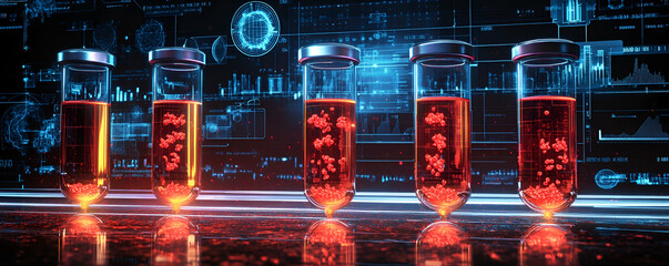 Poster - Lab vials, red liquid, data backdrop