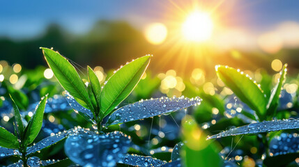 Poster - Fresh green leaves glistening with dew in sunlight, creating serene atmosphere. vibrant colors and soft bokeh enhance beauty of nature