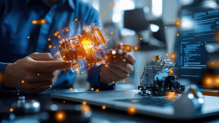 Poster - Innovative engineer working on high tech project, assembling components with digital overlays, showcasing creativity and technology in modern workspace