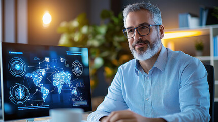 Aufkleber - professional man with glasses smiles while working in modern office, surrounded by technology and data visualizations on computer screen