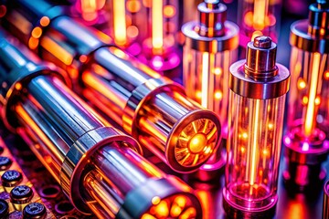 Fototapete - Futuristic Pink & Orange Glowing Tubes: Close-Up Tilt-Shift Stock Photo